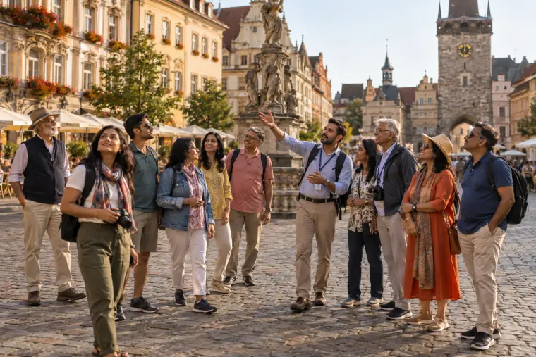 A tour group with a guide in a European old town